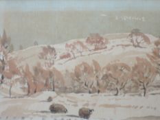 A watercolour, Henry W Bracken, winter sheep, 14 x 20cm, plus frame and glazed