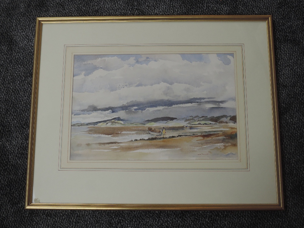 A watercolour, A W Brown, coastal scene, signed, 34 x 51cm, plus frame and...