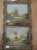 A pair of oil paintings, V Daley, village scenes, signed, each 23 x 29cm, plus frame and glazed