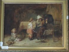 An oil painting, R Burn, cottage interior, C19th, signed, 23 x 32cm, plus frame