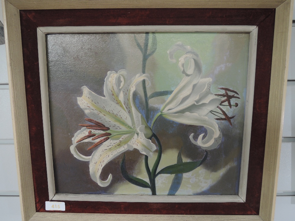 An oil painting on board, attributed to Tuson, lillies, attributed, signed...