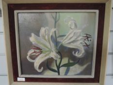 An oil painting on board, attributed to Tuson, lillies, attributed, signed and dated 1962 verso,