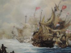 An oil painting, attributed to Rowland Langmaid, sea battle, attributed verso, 69 x 128cm, plus
