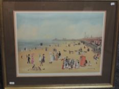 A print, after Helen Bradley, Blackpool Beach, signed 46 x 60cm, plus frame and glazed