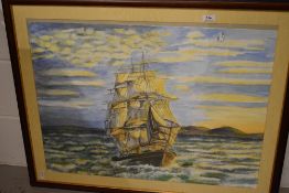 An original watercolour of a sailing galleon