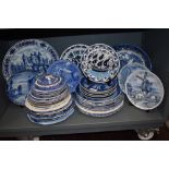 A large collection of blue and white wear plates including Royal Copenhagen and similar