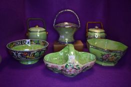 A collection of lustre bowls, baskets and biscuit barrels including Maling ware.