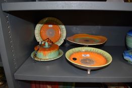 Four pieces of art deco Shelley ceramics in an orange and green glaze