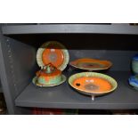 Four pieces of art deco Shelley ceramics in an orange and green glaze