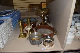 A selection of metal wares and hardware including candle sticks and copper pans