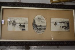 A tryptic style original gouache depicting seascape or smugglers run