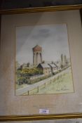 A watercolour depicting Ormskirk water tower by W Tomlinson.