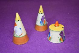 A three piece conical cruet set in the autumn crocus pattern