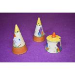 A three piece conical cruet set in the autumn crocus pattern