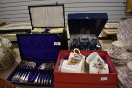 A selection of cased cutlery and flat ware also boxed glasses