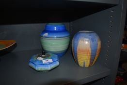 Three pieces of art deco Shelley ceramics in blue green and yellow glazes