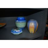 Three pieces of art deco Shelley ceramics in blue green and yellow glazes