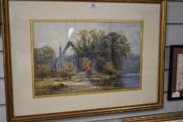 A watercolour, John Peaston, Bolton Abbey, indistinctly signed, 27 x 43cm, plus frame and glazed