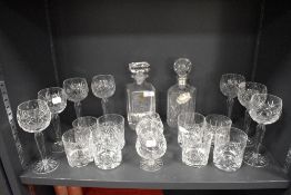 A mixed lot of cut glass and similar including decanters, one having silver brandy label, wine