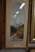 An oil painting, Continental mountain and river landscape, 35 x 12cm, plus frame and glazed