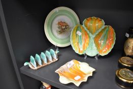 Four art deco ceramics by Shelley including toast rack and Eric w Slater painted plate