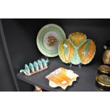 Four art deco ceramics by Shelley including toast rack and Eric w Slater painted plate