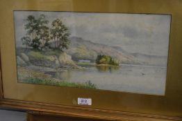 A watercolour, J S Elliott, lake landscape, signed, 19 x 38cm, plus frame and glazed