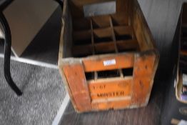 A vintage wooden advertising crate for Minster bottles