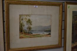 A watercolour, E Hayes, Lakes landscape, signed, 23 x 33cm, plus frame and glazed