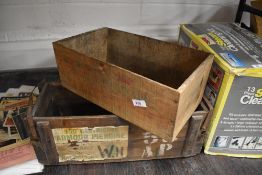 Two vintage wooden crates, one millitary world war 2 metal handled crate for 160 cartridges of armo