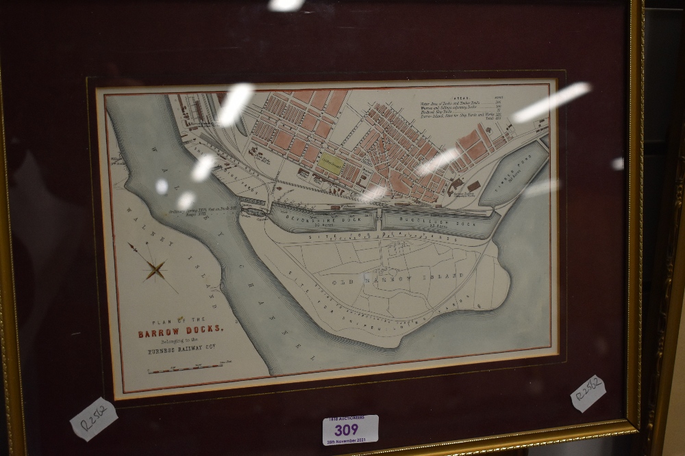 A map, Plan of The Barrow Docks, belonging to the Furness Railway Co, c19th, later coloured, 17 x