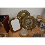 Two Indian silver decorated embossed plates and a similar trinket jewellery case and sterling