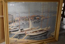 A framed print of boats in dock