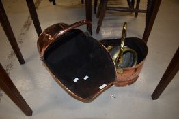 A selection of copper and brass including coal helmets