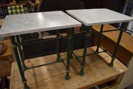 A pair of metal framed occasional tables having marble tops, approx. 49 x 40cm