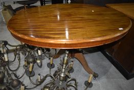A reproduction Regency pedestal loo style table in light mahogany having oval top