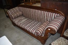 A reproduction scroll arm settee in the Regency style with hardwood frame and striped classical