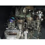 A selection of silver plate including preserve pots, tankards, flatware, bud vases, trophy etc and