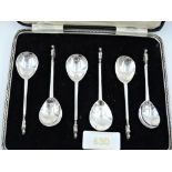 A cased set of six 1930's silver lion sejant replica spoons, London 1939, Thomas Bradbury & Sons