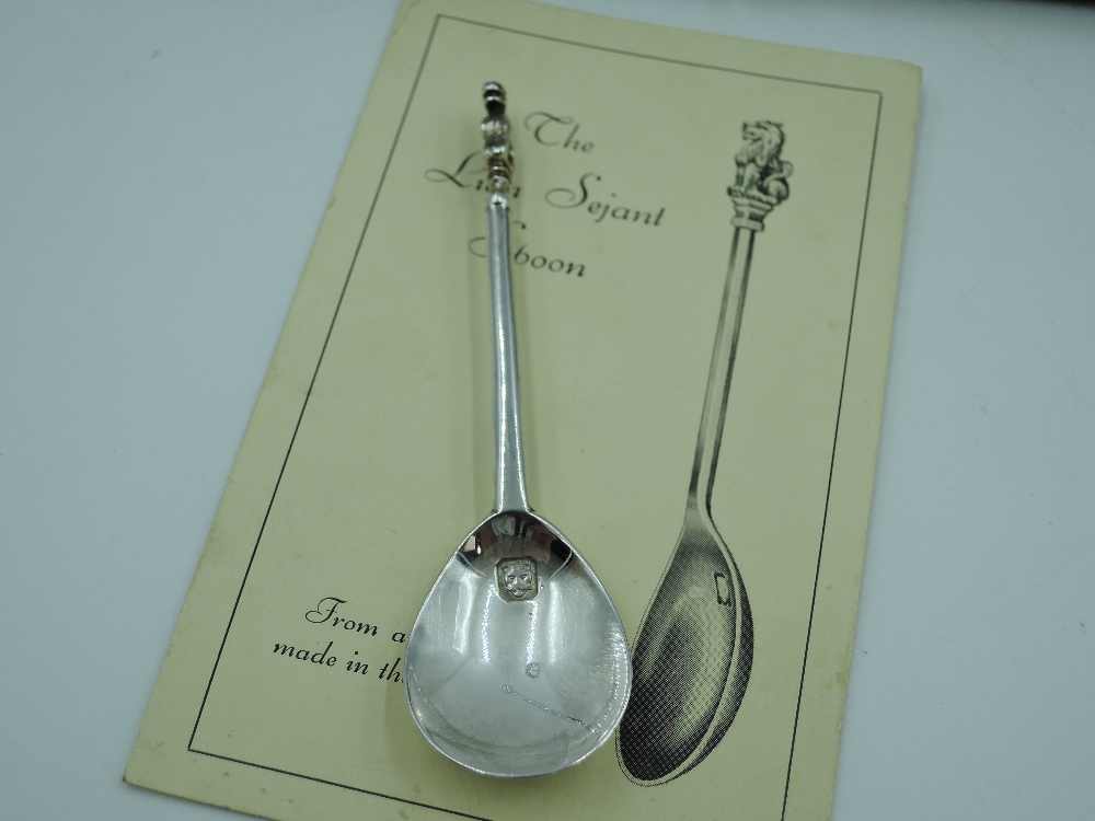 A cased set of six 1930's silver lion sejant replica spoons, London 1939, Thomas Bradbury & Sons - Image 3 of 3