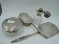Four silver dressing table items including cut glass perfume atomiser with silver fitments, cut