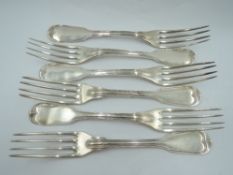 Six late 19th/early 20th century French silver table forks in fiddle and thread pattern bearing
