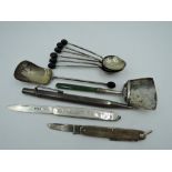 A selection of HM silver and white metal including Yard O Led propelling pencil, set of coffee