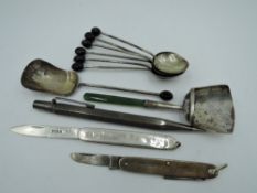 A selection of HM silver and white metal including Yard O Led propelling pencil, set of coffee