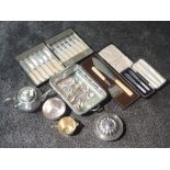A selection of silver plate including an Artisan made three piece bachelor tea set, cased fish