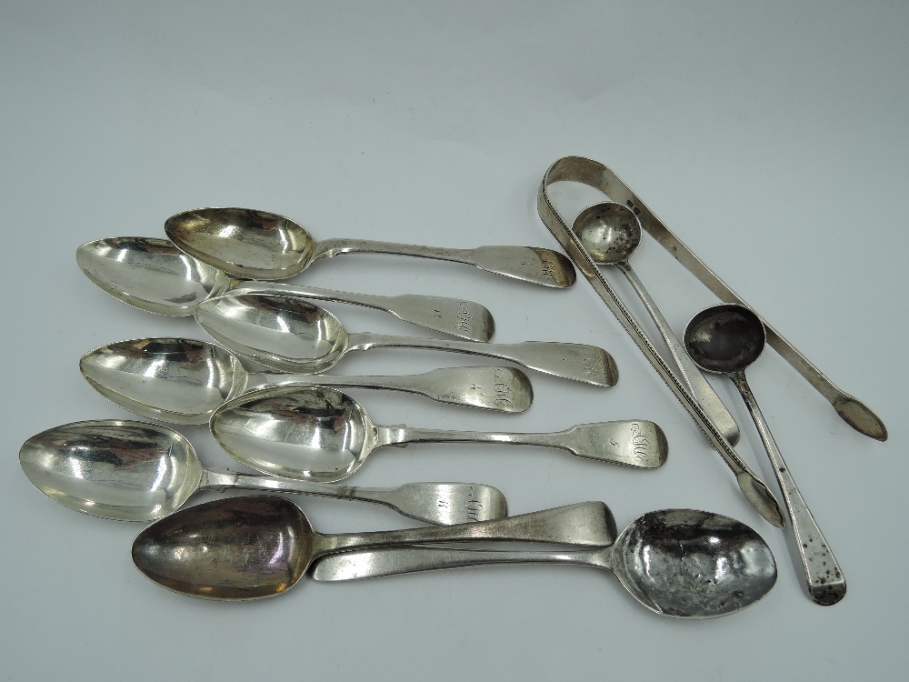 A selection of Georgian silver teaspoons including six (5 & 1) Scottish silver of plain fiddle