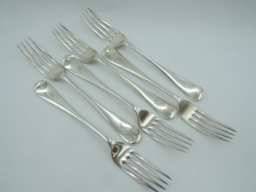 Six Edwardian silver dessert forks of Old English form bearing letter to terminal, Sheffield 1905,