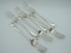 Six Edwardian silver dessert forks of Old English form bearing letter to terminal, Sheffield 1905,