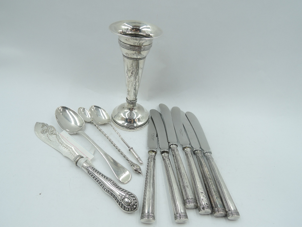 A selection of HM silver and white metal flatware including silver handled butter knives, a