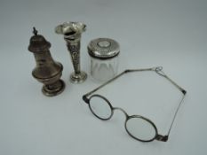 A pair of Georgian silver spectacles, Birmingham, maker SP, a glass dressing table pot with HM